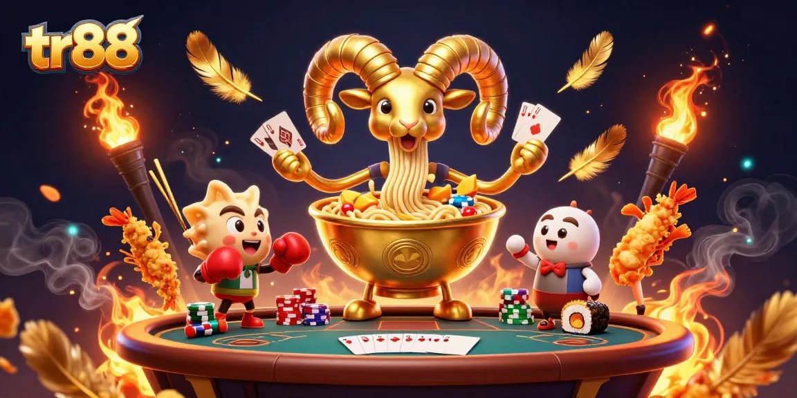 Experience vibrant action with tr88 at the casino—cards, chips, and energetic characters abound.