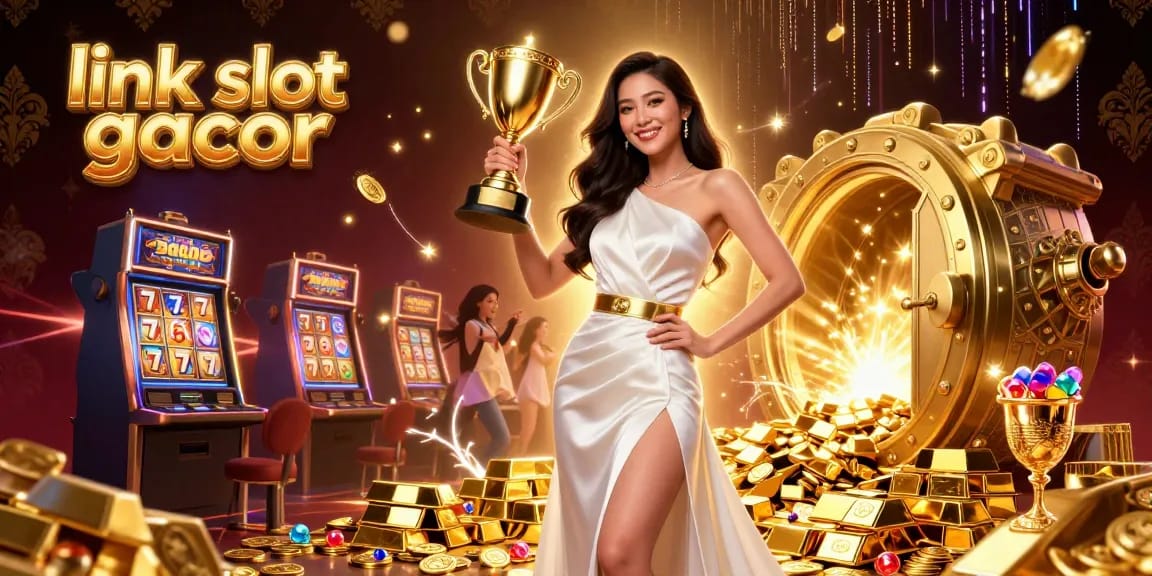 Engage with exciting link slot gacor action showcasing a confident Asian woman winning with slot machines and treasures.