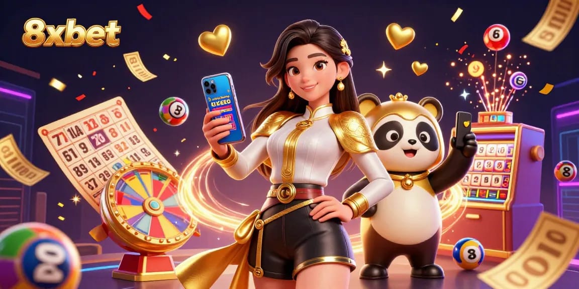 Experience thrilling gaming at 8xbet with colorful lottery elements and a charming panda mascot.