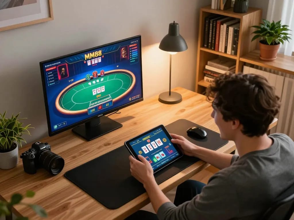 Player enjoying MM88 online casino gaming on a tablet in a stylish home office setting