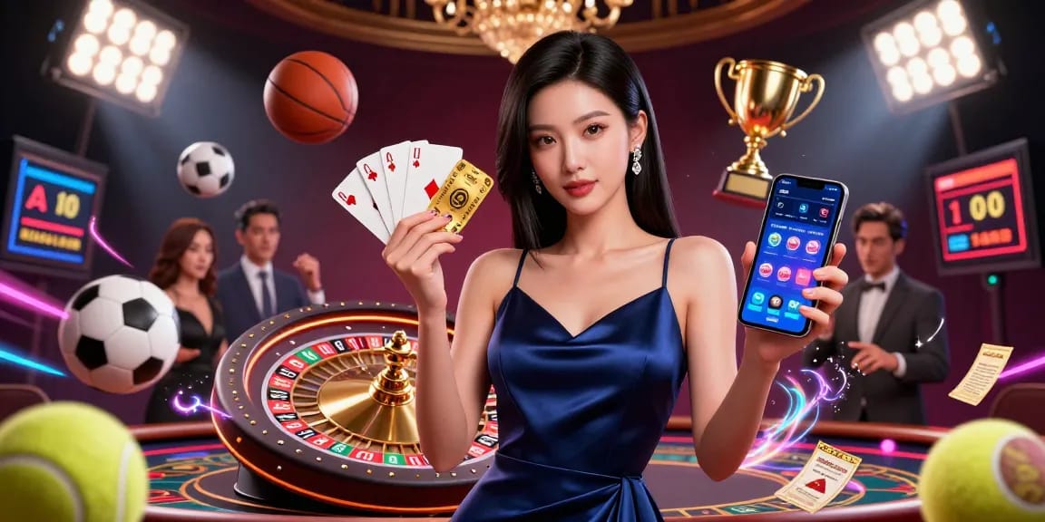 Engage with striking rokok88 casino experiences as a confident woman showcases her betting prowess with a smartphone and golden chip.