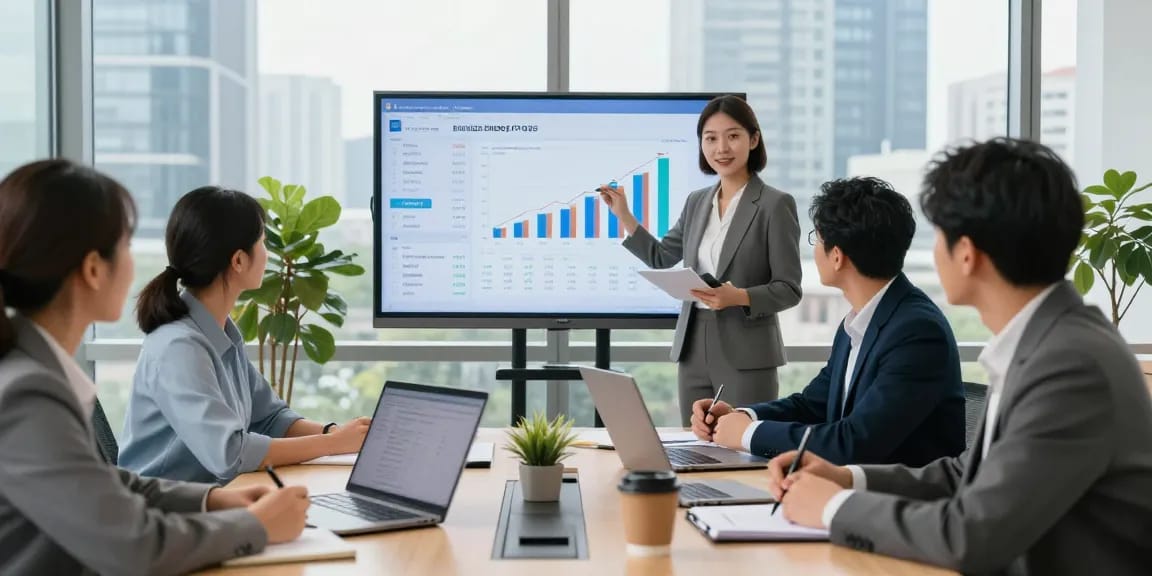 Team discussing business energy prices in a modern office setting, showcasing collaboration on energy data and analysis.
