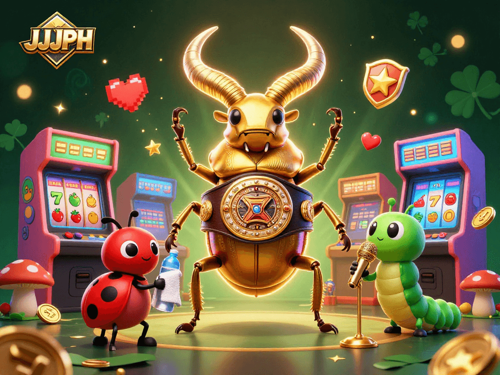 Engage in thrilling slots action with JJJPH's golden stag beetle champion and vibrant gaming elements.
