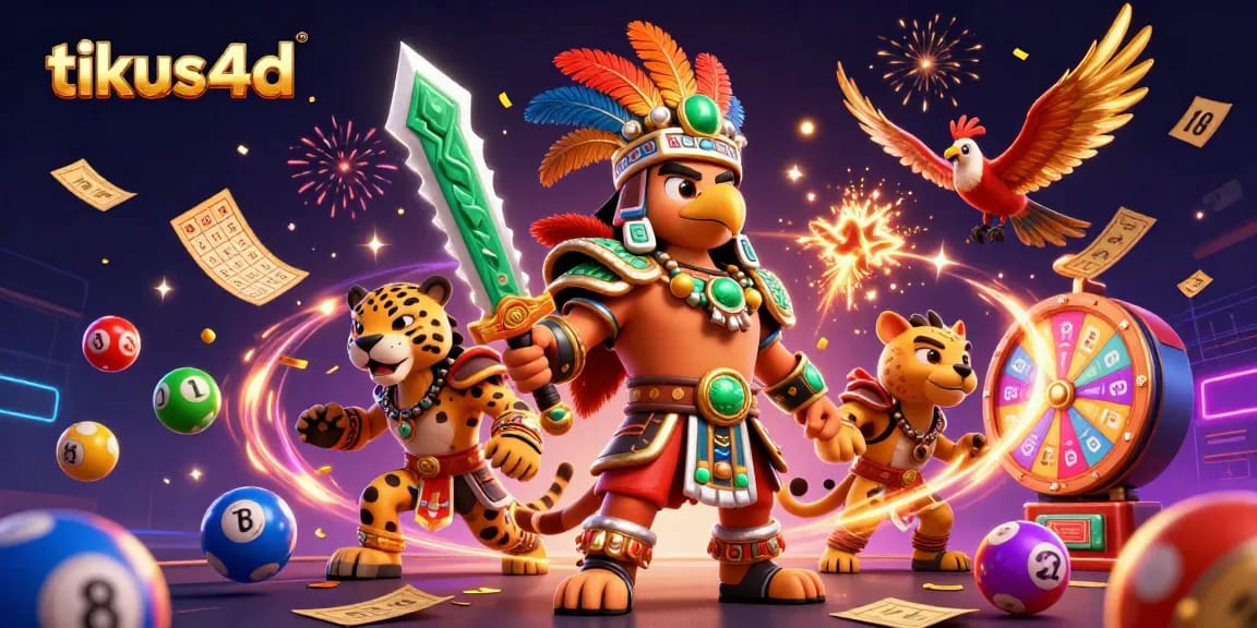 Engage with tikus4d's thrilling gaming atmosphere showcased through a vibrant 3D illustration filled with lottery and bingo elements.