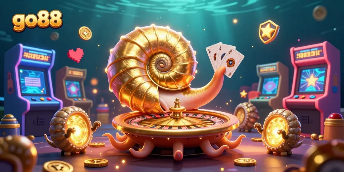 Engage in thrilling gaming at go88 featuring a giant nautilus roulette wheel, colorful arcade machines, and vibrant elements.