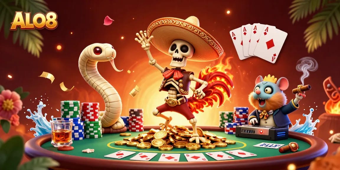 Experience the excitement of ALO8 with a vibrant casino scene showcasing energetic characters and dynamic games.