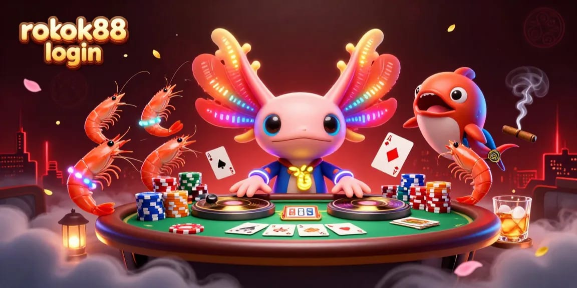 Join the excitement with rokok88 login, a vibrant scene showcasing a playful axolotl DJ and colorful shrimp dancers at a lively poker table.