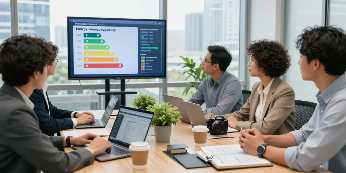 Half hourly meter data analysis session in a modern office with professionals reviewing energy metrics.