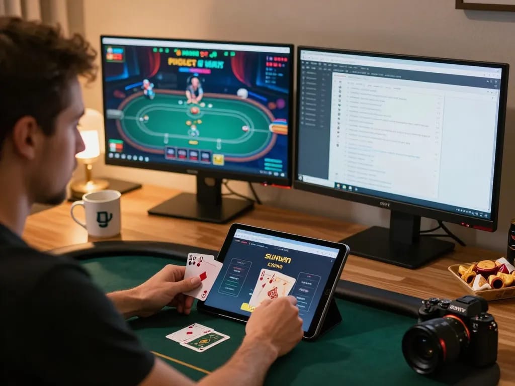 Engaging player strategizing their moves using sunwin app on dual monitors while playing poker.