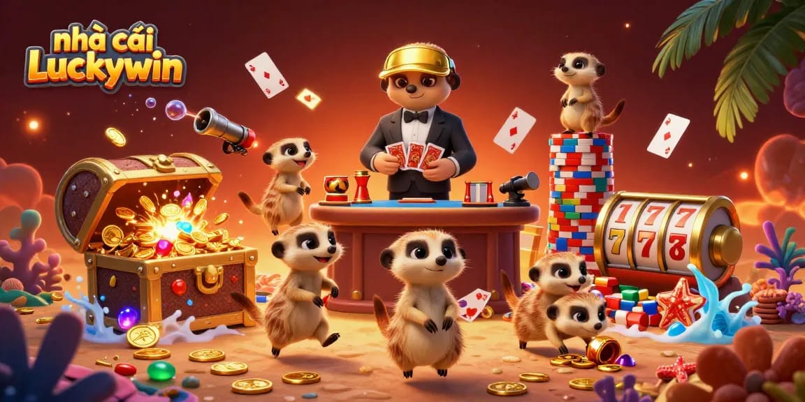 Experience the excitement of nhà cái Luckywin with playful meerkats managing a vibrant casino scene.