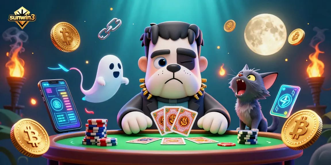 Experience thrilling gameplay with sunwin3 as the Frankenstein bulldog dealer amidst vibrant casino elements.