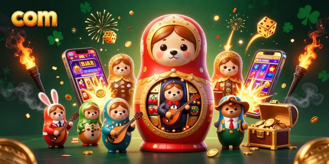 Play and win at com with an exciting 3D casino scene with vibrant characters and casino elements.