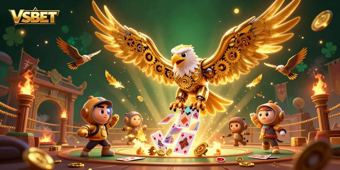 Experience thrilling gameplay with VSBET's cybernetic eagle soaring through dynamic holographic cards, showcasing exciting features.