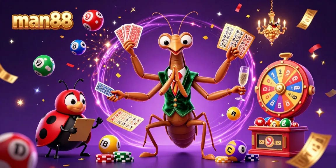 Experience the thrill of man88's dynamic casino gaming scene with a vibrant 3D illustration of a card sharp and pit boss.