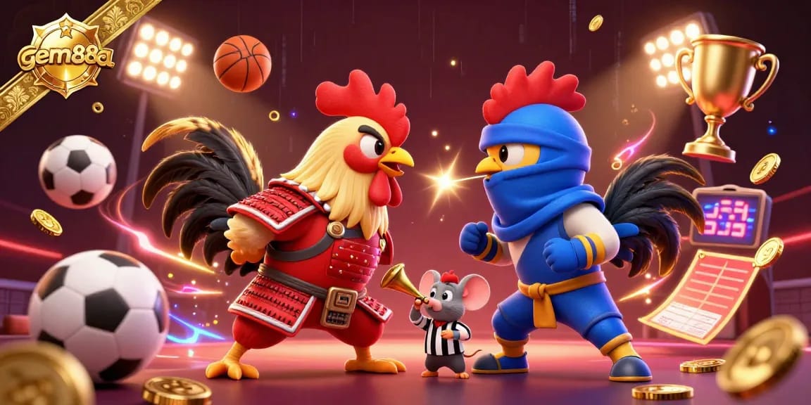 Bet on exciting game play at gem88a with dynamic fighting roosters and roaring sports action.