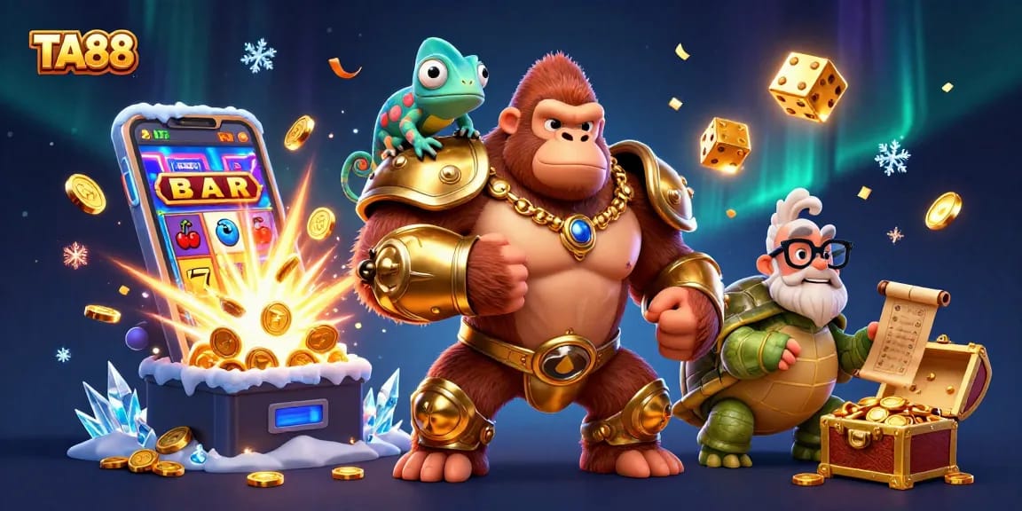 TA88 casino illustration with a powerful gorilla king and a colorful chameleon in a jackpot scene.
