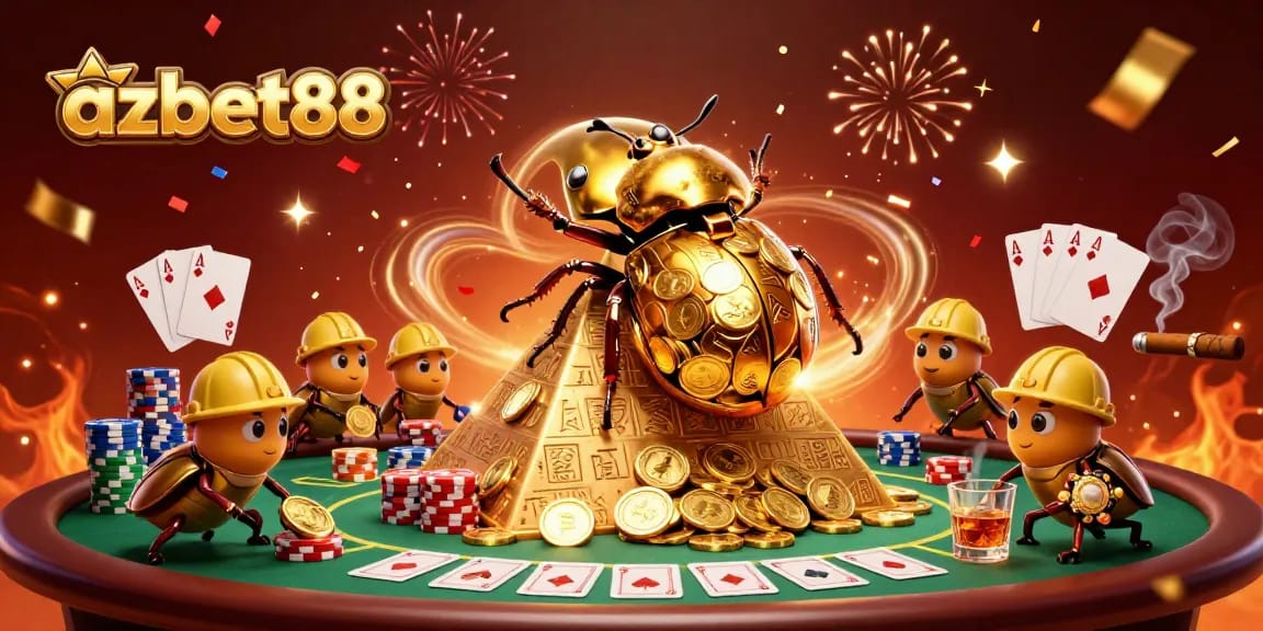 Experience thrilling gaming with azbet88 as golden beetles roll coins and poker elements surround them.
