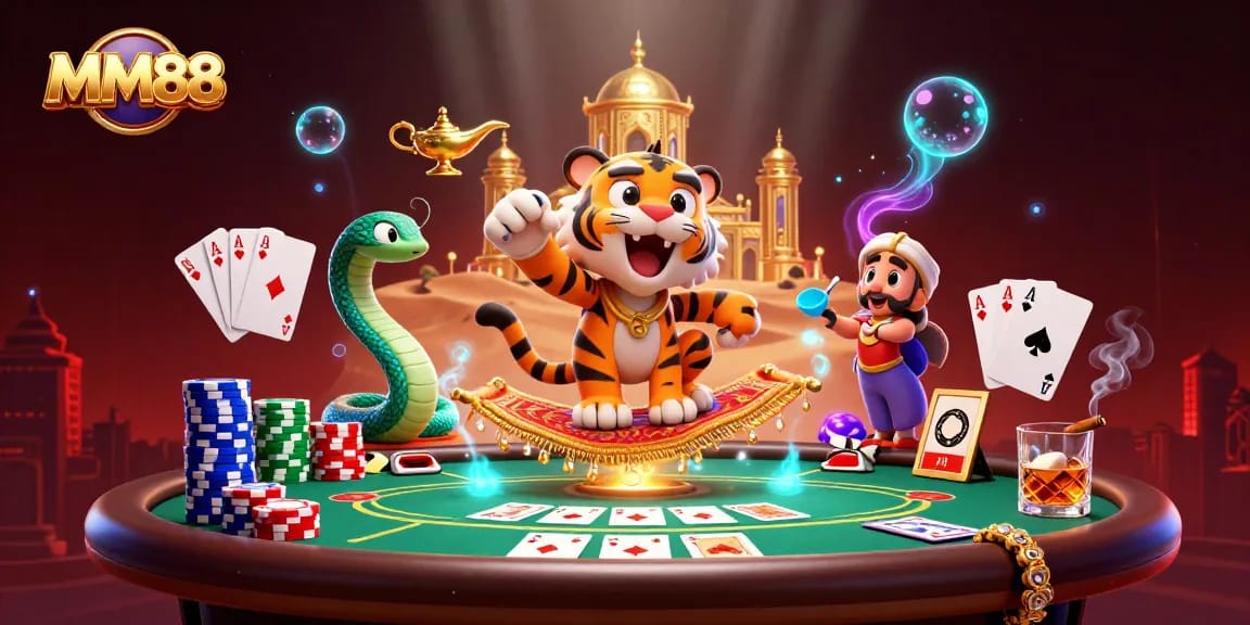 Engage in rich MM88 casino adventures with a 3D Arabian-themed illustration featuring characters and gaming elements.