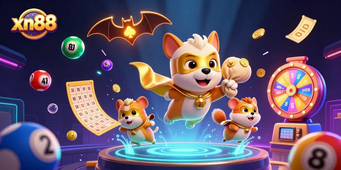 Engage with thrilling xn88 casino games, surrounded by colorful lottery elements and vibrant animations.