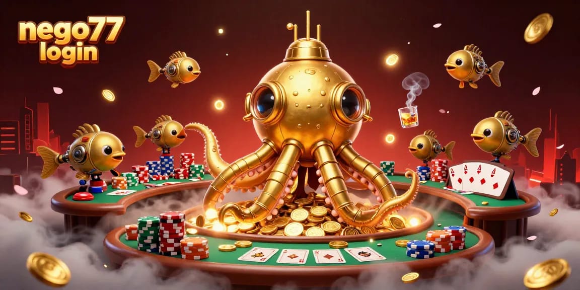 Engage with nego77 login at a vibrant casino scene featuring a golden kraken submarine and poker action.