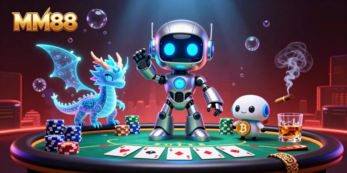 Experience thrilling poker action with MM88 in this vibrant 3D illustration of a cyberpunk casino.