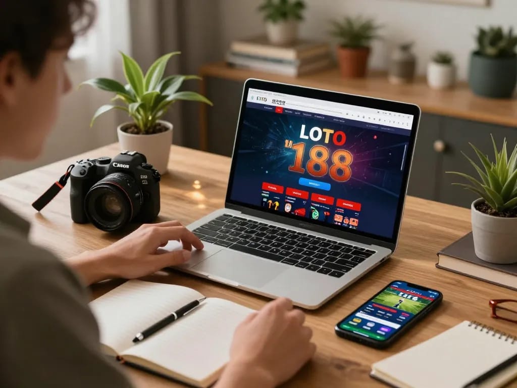 Engaged user exploring LOTO 188 online casino interface on laptop at home, showcasing responsible gaming.