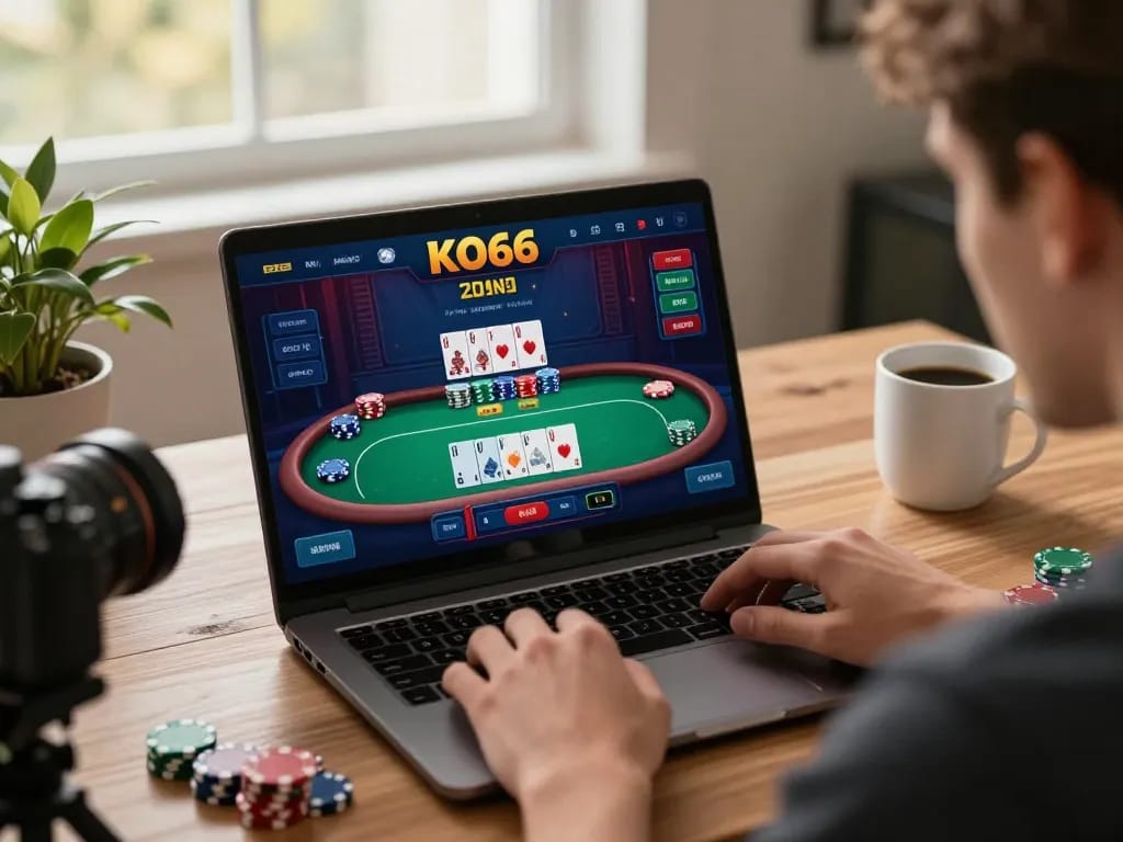 Khoảnh khắc trò chơi trực tuyến hấp dẫn với KO66, một người chơi đang cân nhắc một ván bài poker có cược cao.