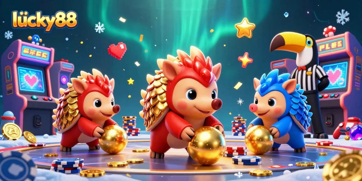 Experience the excitement of lucky88 with rival pangolins competing amidst vibrant casino elements.