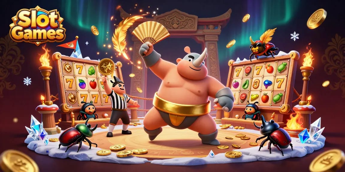 Experience vibrant Slot Games with a dynamic beetle sumo champion amidst thrilling visuals.