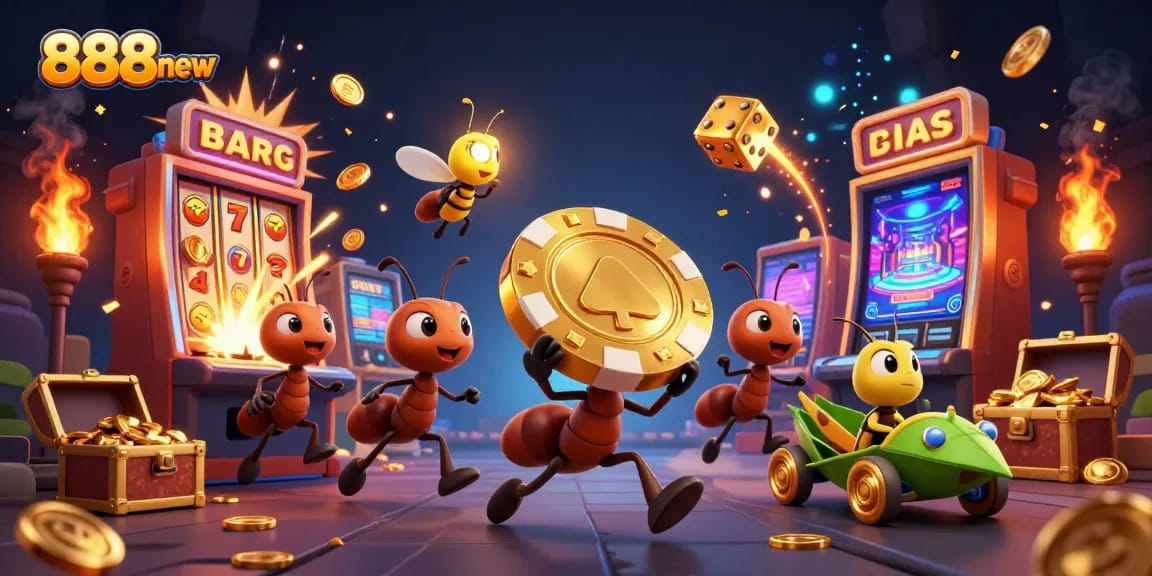 Engage in thrilling gameplay with 888new's animated heist scene featuring ants and golden poker chips.