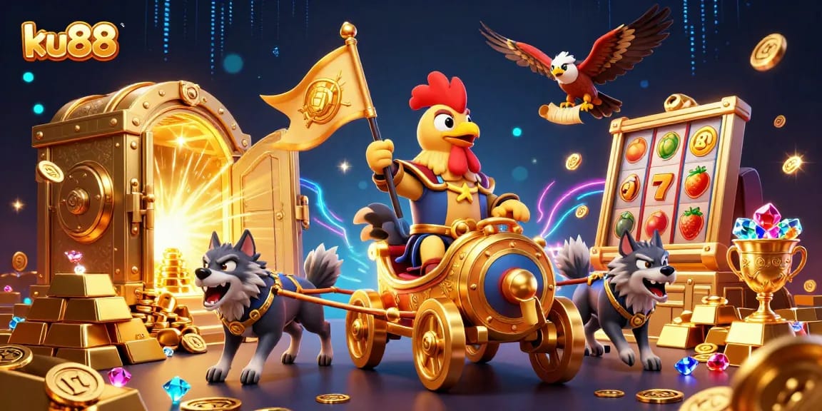 Win big with ku88 in this dynamic casino-themed 3D illustration featuring vibrant treasures.