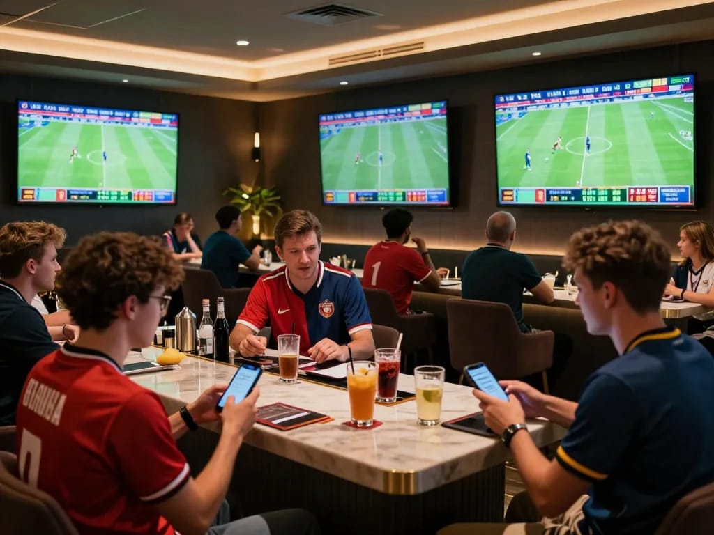 Kèo nhà cái hôm nay showcased in a lively sports betting lounge with fans engaged and live odds updates