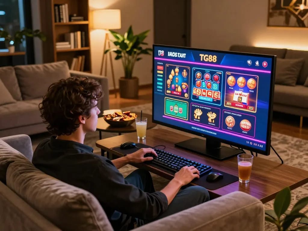Engaging with TG88 casino games on a tablet in a cozy home gaming setup.