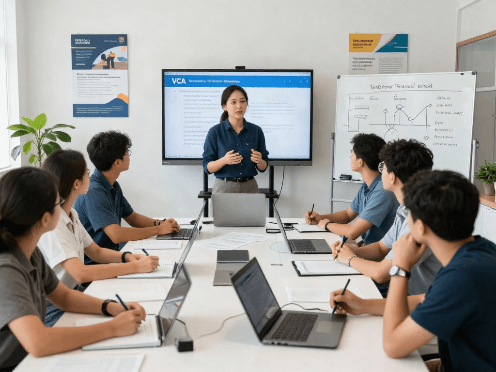 VCA Aanschaffen cursus met enthousiaste deelnemers en docent in een heldere trainingsruimte.
