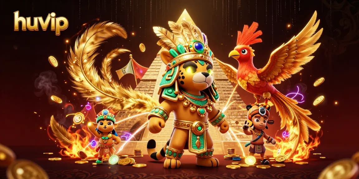 Experience huvip's vibrant casino world with Mayan characters, golden tokens, and dynamic gaming action.