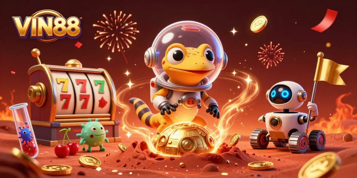 VIN88 captivates players with a lively casino scene featuring a Martian gecko, slot reels, and celebratory elements.