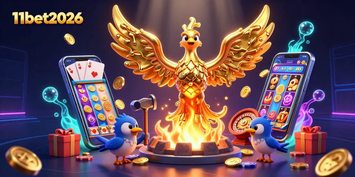 Experience the excitement of 11bet2026 with a molten phoenix and vibrant game elements in this dynamic scene.