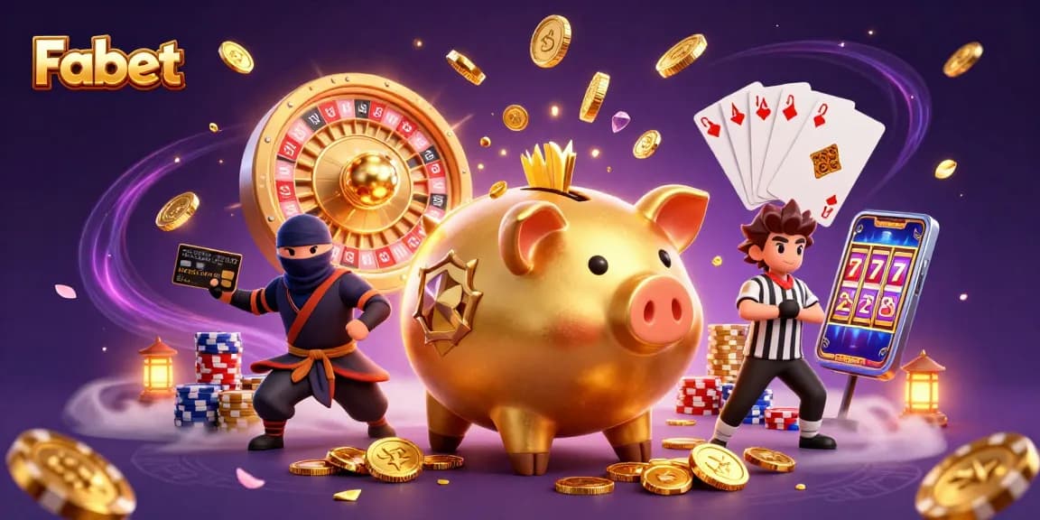Win big with Fabet in a thrilling casino scene featuring iconic gaming elements.