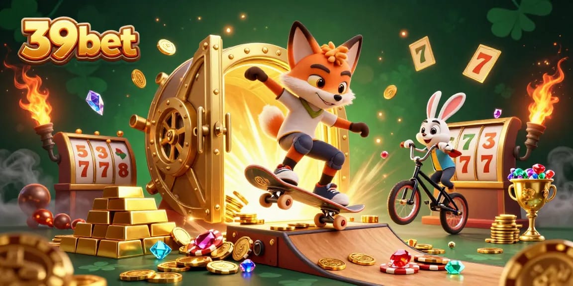 Experience the thrill of 39 bet with a cartoon fox skating over golden poker chips in a vibrant casino.