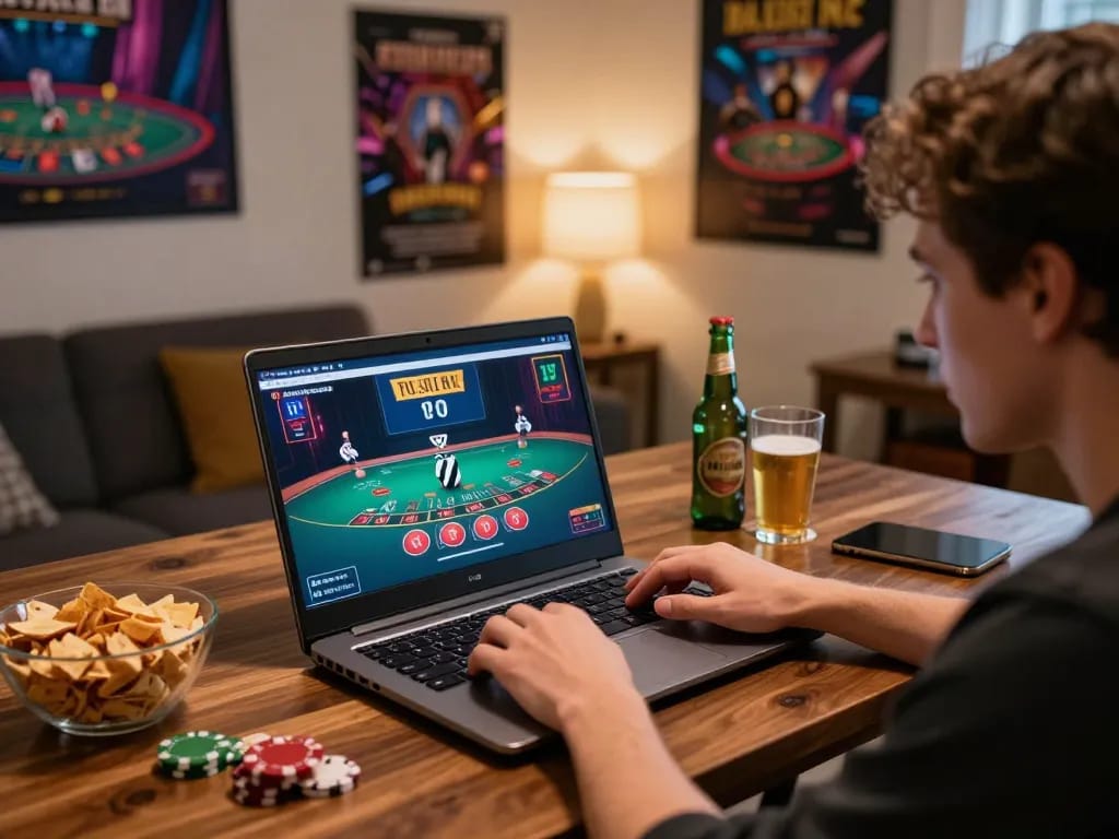 Engaged player strategizing on badak178 online blackjack, cozy gaming setup with snacks and drinks.
