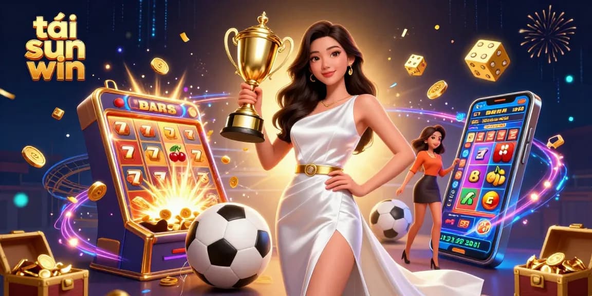 Win big with tải sun win in this vibrant 3D illustration showcasing a triumphant Asian woman and casino elements.