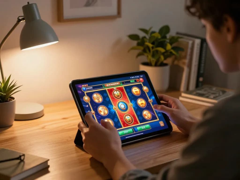Engaging in online slots at home using 888bgo on a tablet with a cozy atmosphere