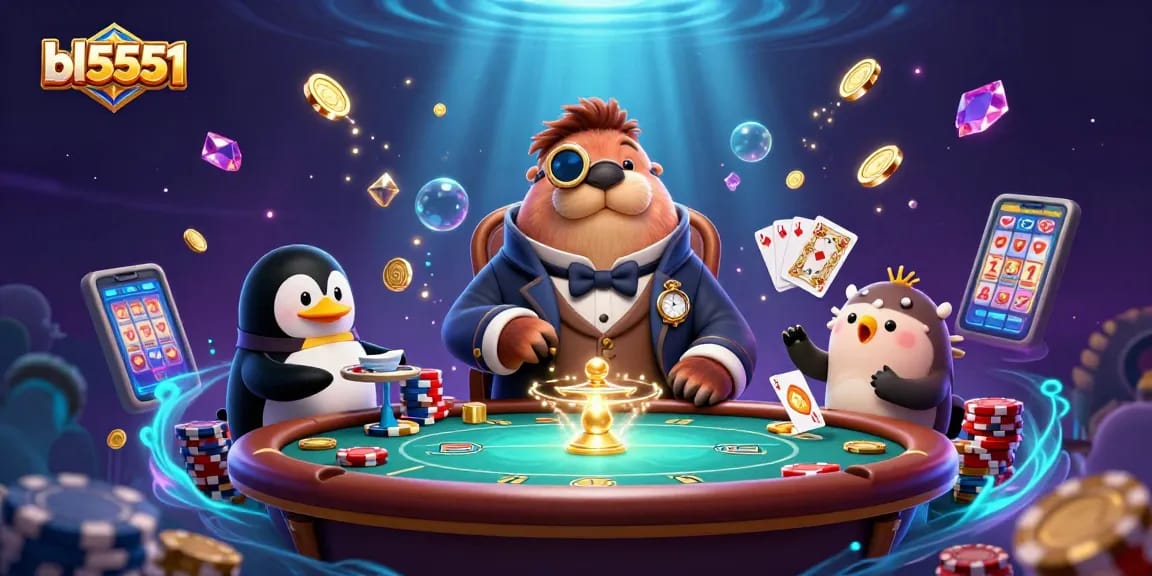 Experience thrilling gameplay with bl5551's underwater poker scene featuring a jolly walrus, penguin dealer, and extravagant game elements.