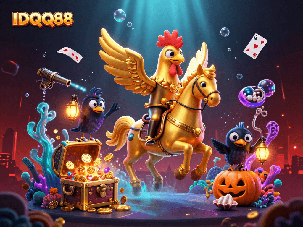 IDQQ88 casino illustration featuring a golden rooster riding a spectral horse in a vibrant midnight scene.