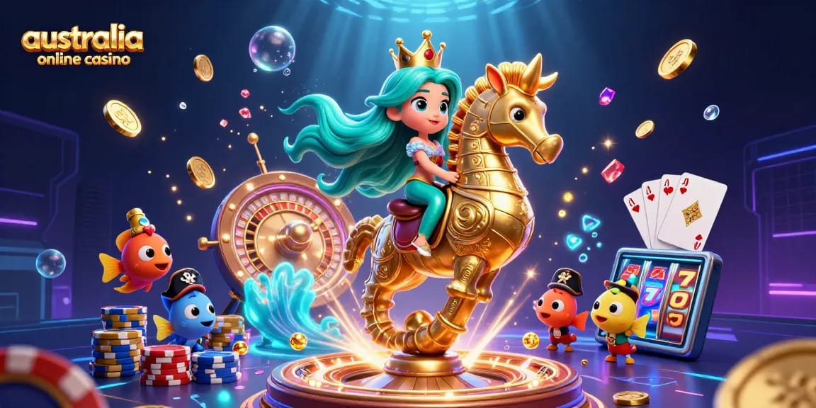 Experience vibrant wins at australia online casino with a mermaid princess and seahorse amidst golden riches.
