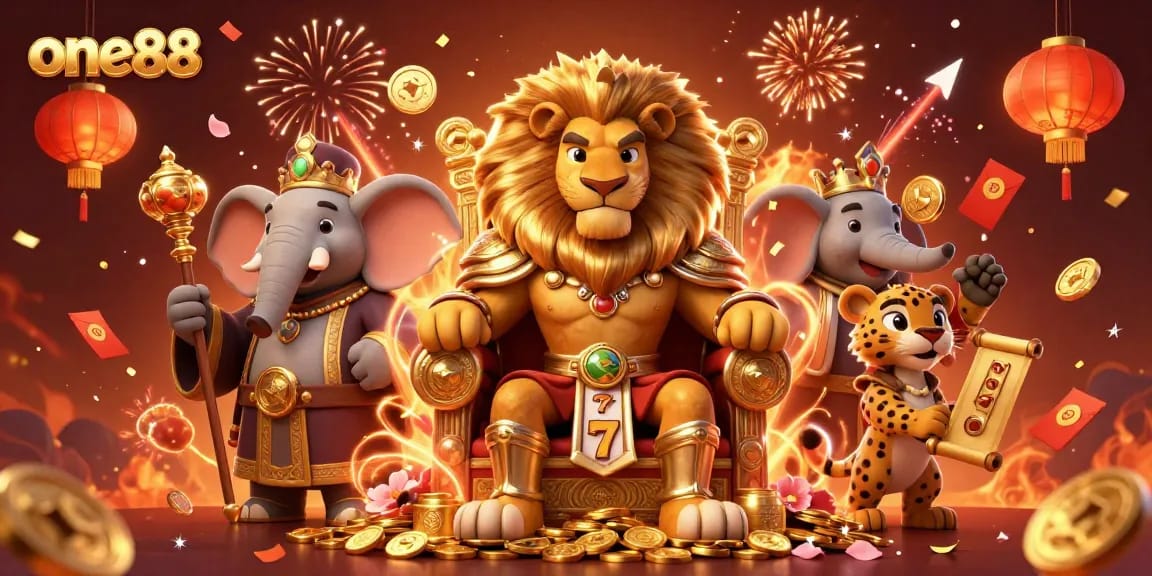 Experience exciting wins at one88 with a vibrant illustration showcasing legendary characters and slot games.
