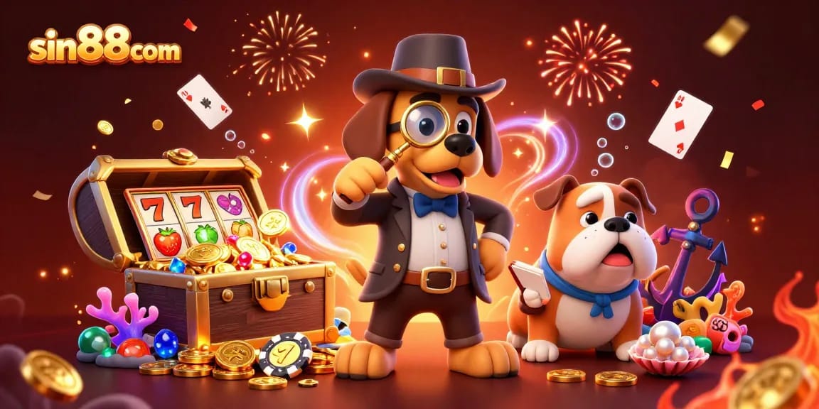 Uncover treasures and win big at sin88com with a playful 3D cartoon detective scene featuring slots.