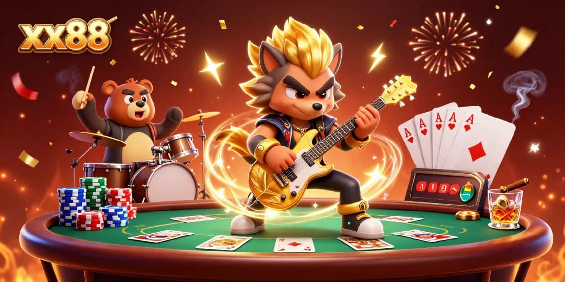 Experience thrilling gameplay at xx88 with a vibrant casino scene featuring a rock star band and poker action.