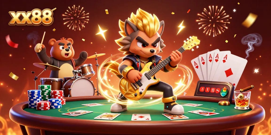 Experience thrilling gameplay at xx88 with a vibrant casino scene featuring a rock star band and poker action.