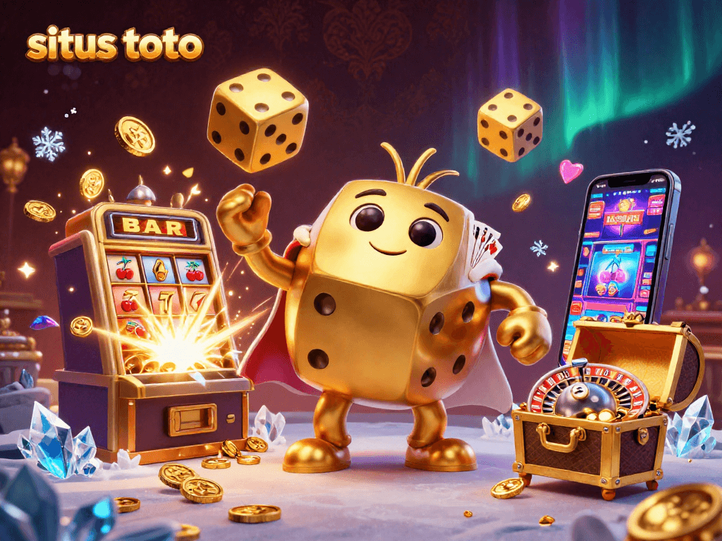 Situs toto menampilkan gambar ilustrasi 3D menghadirkan desain kasino dengan dadu emas dan jackpot yang menggembirakan.